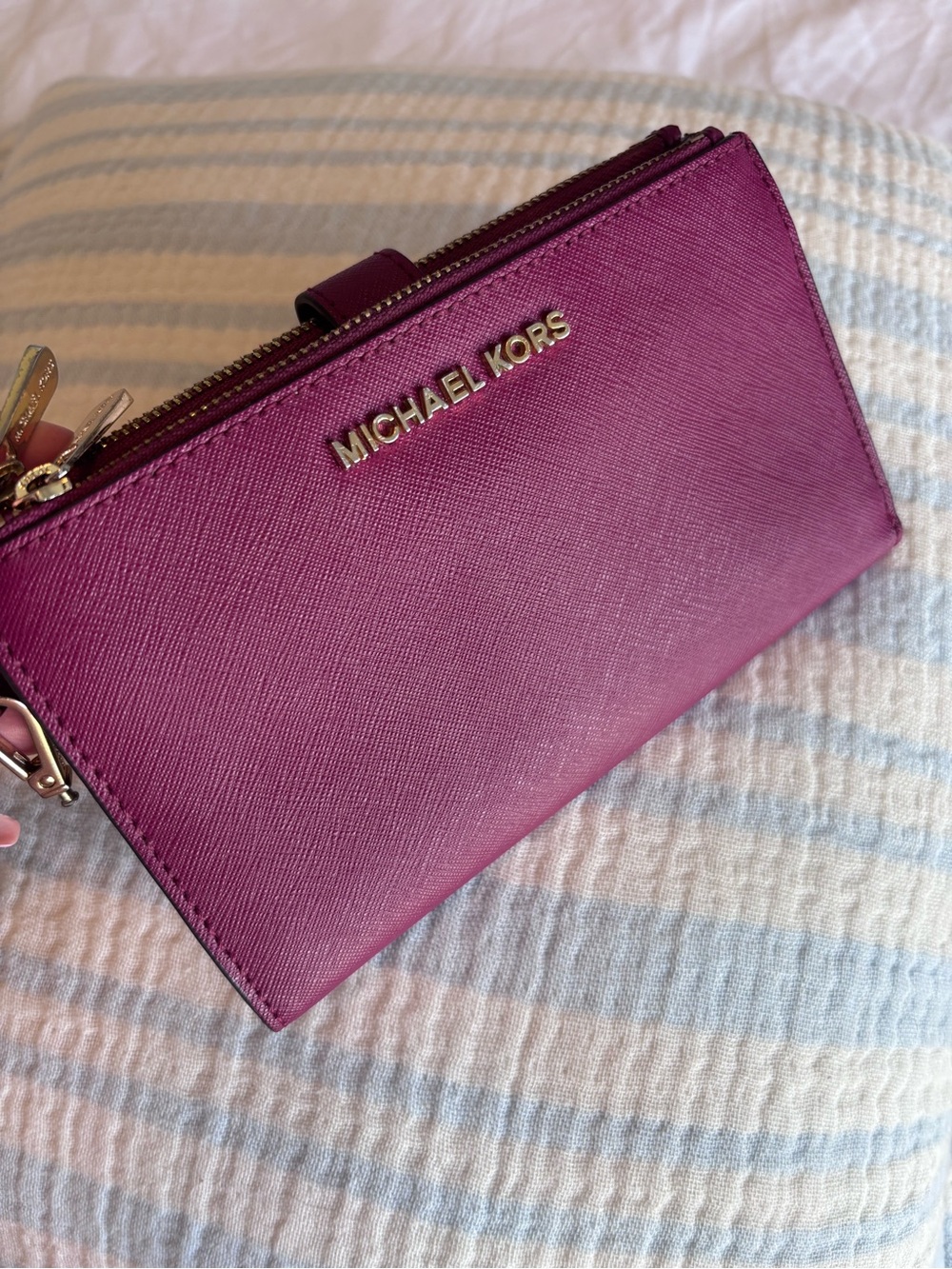 Michael Kors Plum Saffiano Leather Zip Wristlet Wallet with Gold Logo